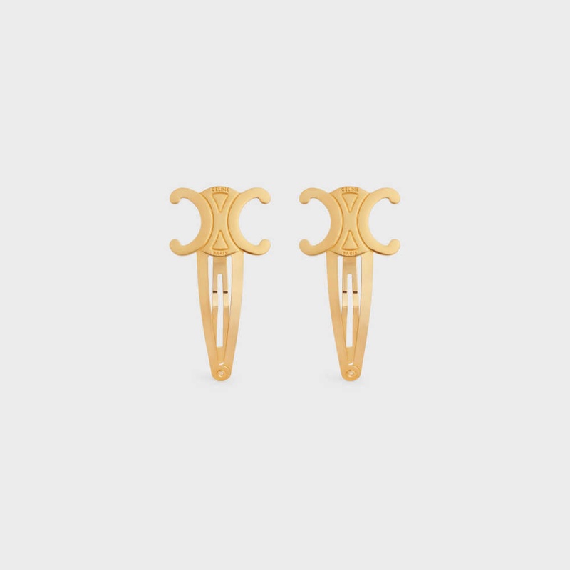 Celine Hair Accessories Set Of 2 Triomphe Snap Hair Clips In Brass With Gold Finish And Steel Saç aksesuarları Altın | CL-592316