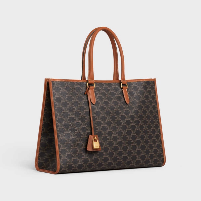 Celine Horizontal Cabas In And Calfskin Triomphe Canvas Kahverengi | CL-593142