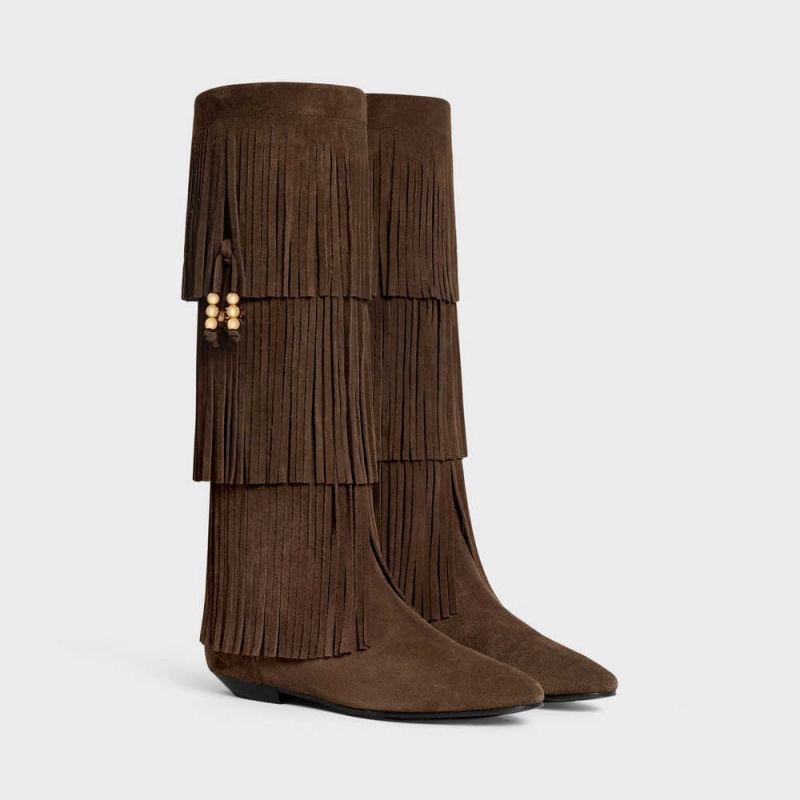 Celine Irina High With Fringes & Embellished Tassels In Süet Calfskin Bot Koyu Kahverengi | CL-592519