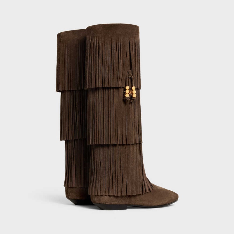 Celine Irina High With Fringes & Embellished Tassels In Süet Calfskin Bot Koyu Kahverengi | CL-592519