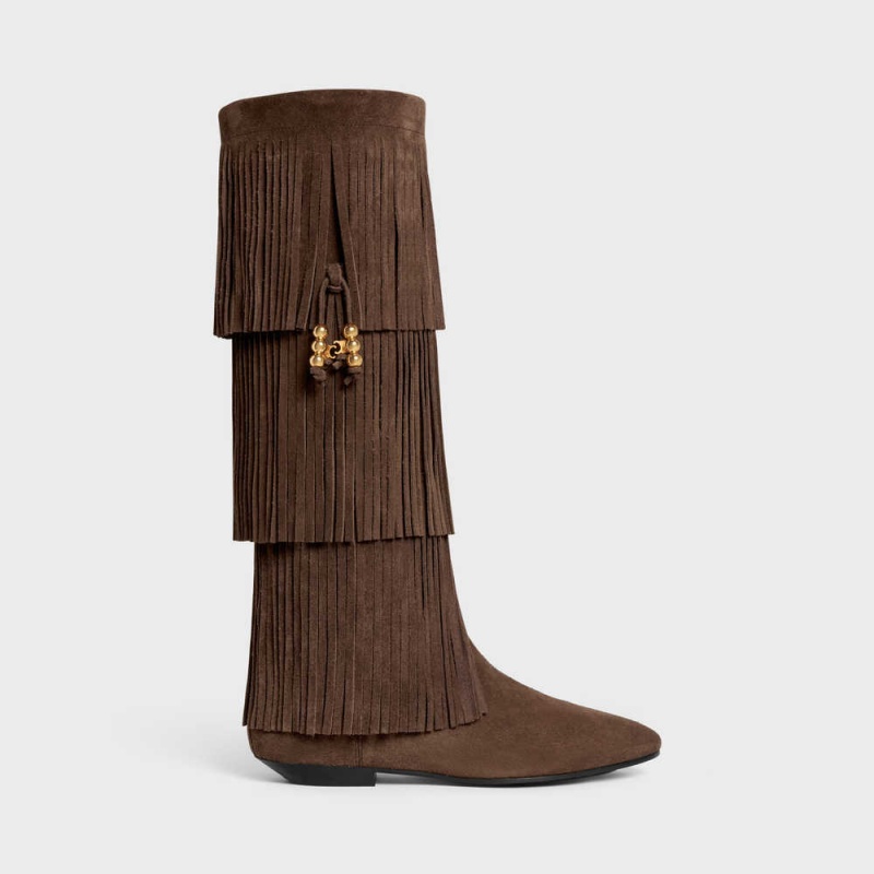 Celine Irina High With Fringes & Embellished Tassels In Süet Calfskin Bot Koyu Kahverengi | CL-592519
