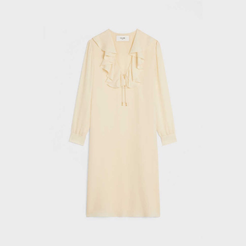 Celine Jabot In Hafif Silk Sablé Elbise Krema | CL-592860
