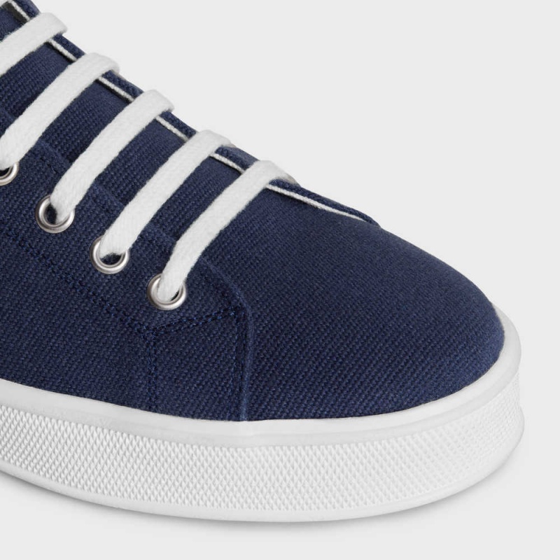 Celine Jane Sneakers Low Dantel-up With Triomphe Patch In Kanvas And Calfskin Spor Ayakkabı Lacivert | CL-592553