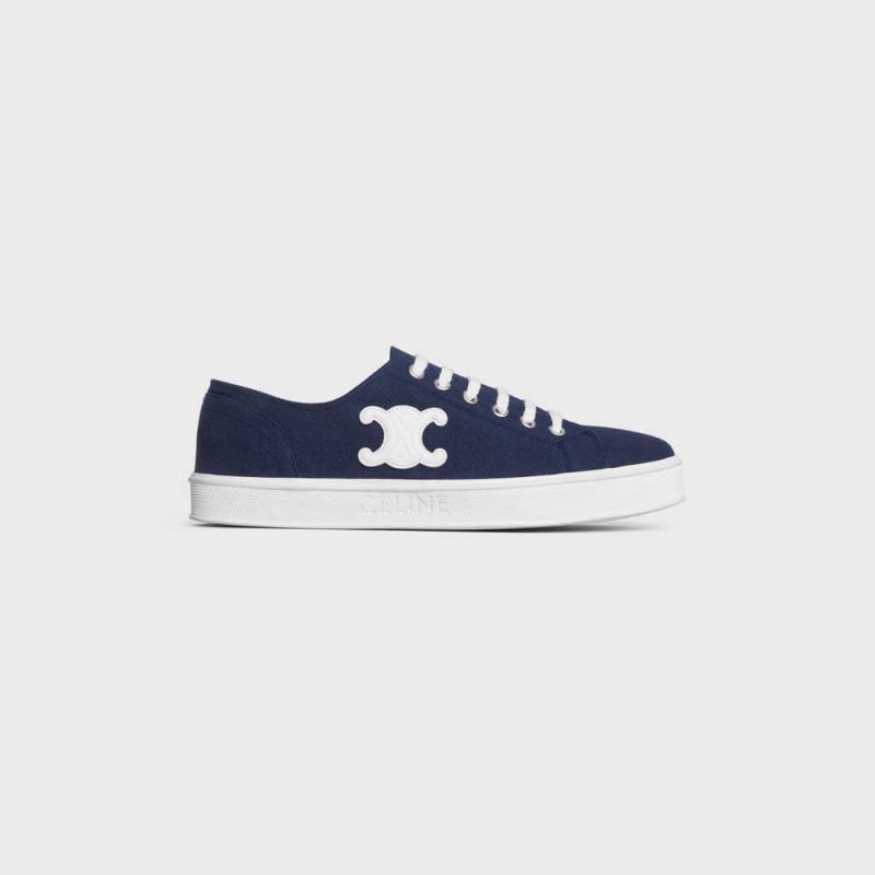 Celine Jane Sneakers Low Dantel-up With Triomphe Patch In Kanvas And Calfskin Spor Ayakkabı Lacivert | CL-592553