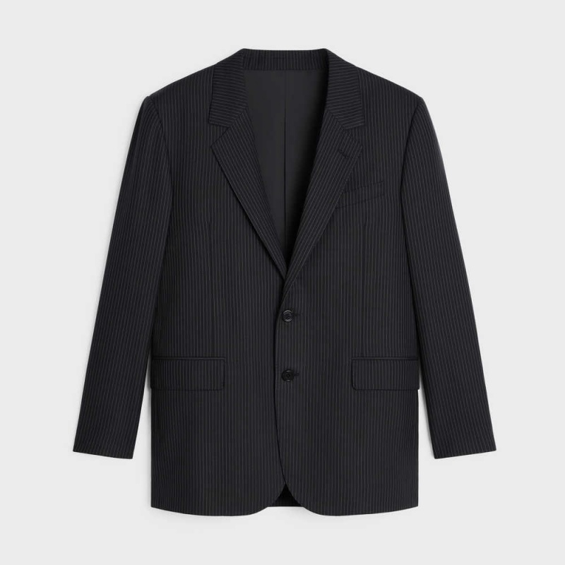 Celine Jude In Çizgili Yün Mont Siyah | CL-592660