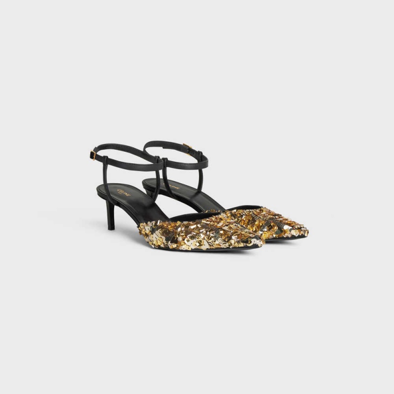 Celine Kitten In Embroidered Calfskin & Calfskin Stiletto Altın Siyah | CL-592562