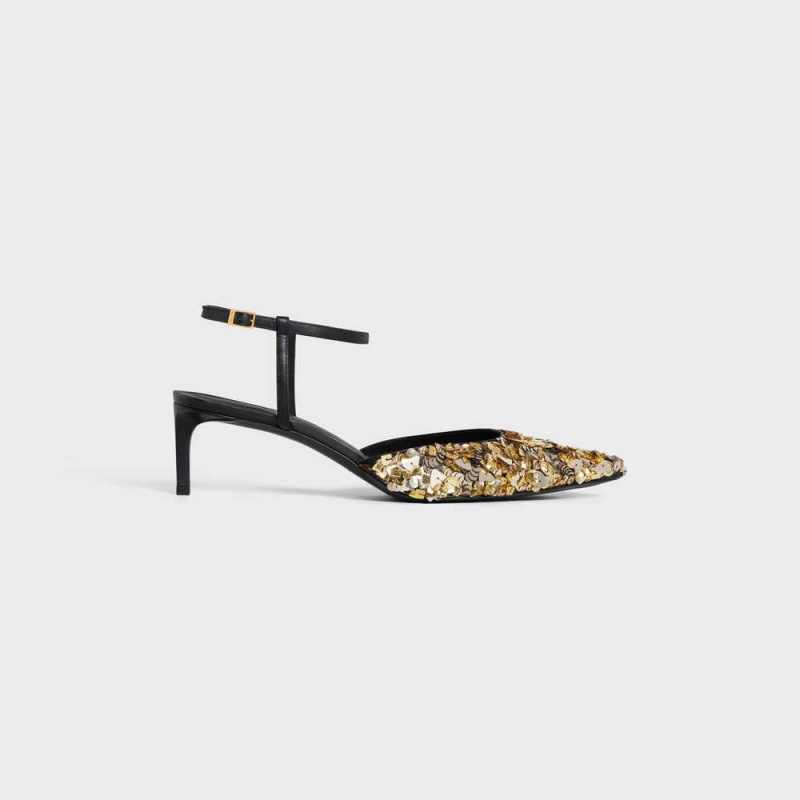 Celine Kitten In Embroidered Calfskin & Calfskin Stiletto Altın Siyah | CL-592562