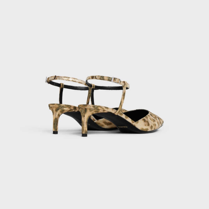 Celine Kitten With Metal Burunlu In Leopard Printed Laminated Fabric Stiletto Kahverengi Altın | CL-592563