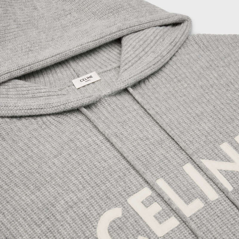 Celine Kukuletalı In Nervürlü Yün Tişörtü Açık Gri | CL-592111
