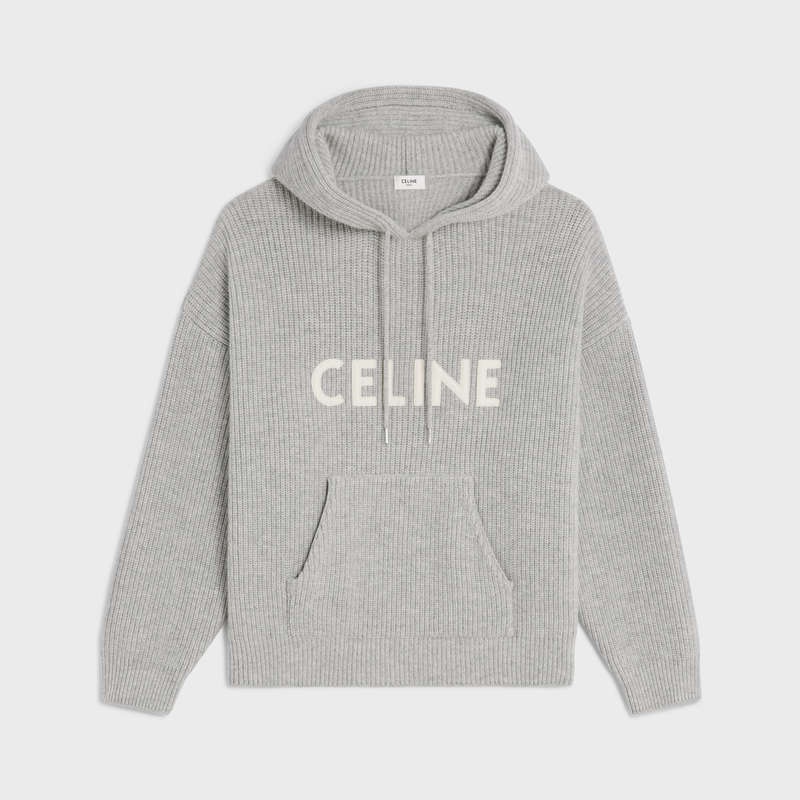 Celine Kukuletalı In Nervürlü Yün Tişörtü Açık Gri | CL-592111