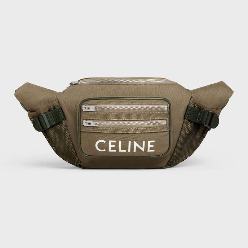 Celine Large Zipped Bag Doğa Yürüyüşü In Pamuklu Gabardine With Celine Print Omuz Çantası Haki | CL-591849