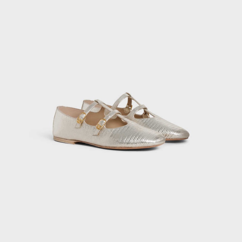 Celine Les Ballerines Double Askılı Mary Jane Ballerina In Lizard Stamped Metalized Calfskin Makosen Gümüş | CL-592534