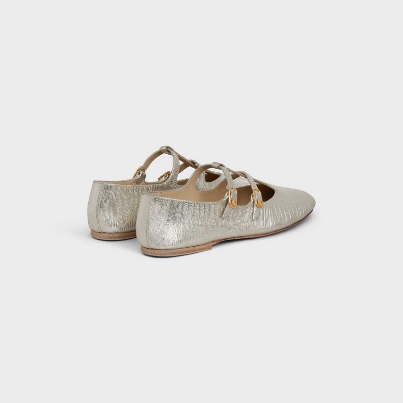 Celine Les Ballerines Double Askılı Mary Jane Ballerina In Lizard Stamped Metalized Calfskin Makosen Gümüş | CL-592534