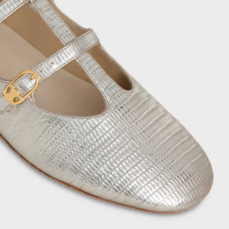 Celine Les Ballerines Double Askılı Mary Jane Ballerina In Lizard Stamped Metalized Calfskin Makosen Gümüş | CL-592534