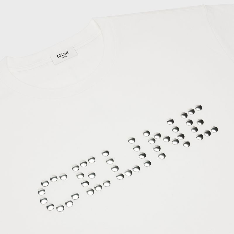 Celine Loose In Pamuklu Jersey With Studs T-shirt Beyaz Gümüş | CL-592140