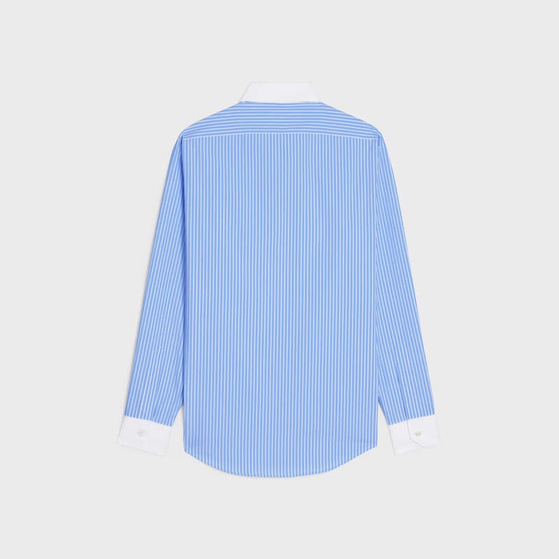 Celine Loose With Inverted Collar In Çizgili Pamuklu Gömlek Mavi | CL-592173