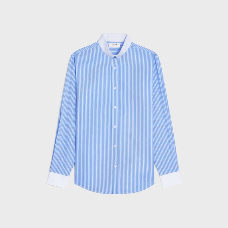 Celine Loose With Inverted Collar In Çizgili Pamuklu Gömlek Mavi | CL-592173