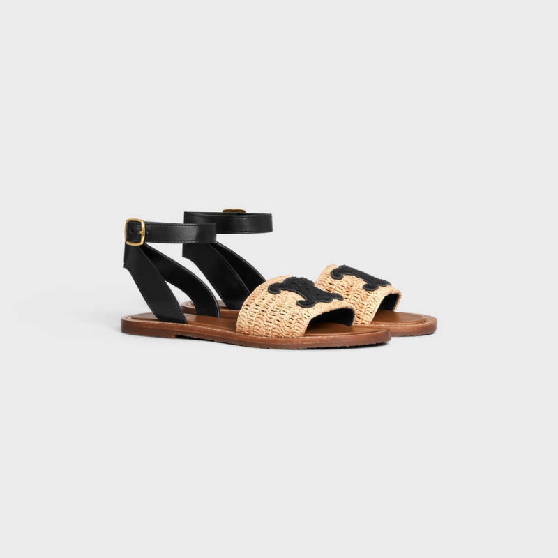 Celine Lympia Düz Askılı In Raffia & Calfskin Sandalet Bej Rengi Siyah | CL-592578