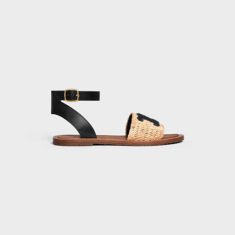 Celine Lympia Düz Askılı In Raffia & Calfskin Sandalet Bej Rengi Siyah | CL-592578