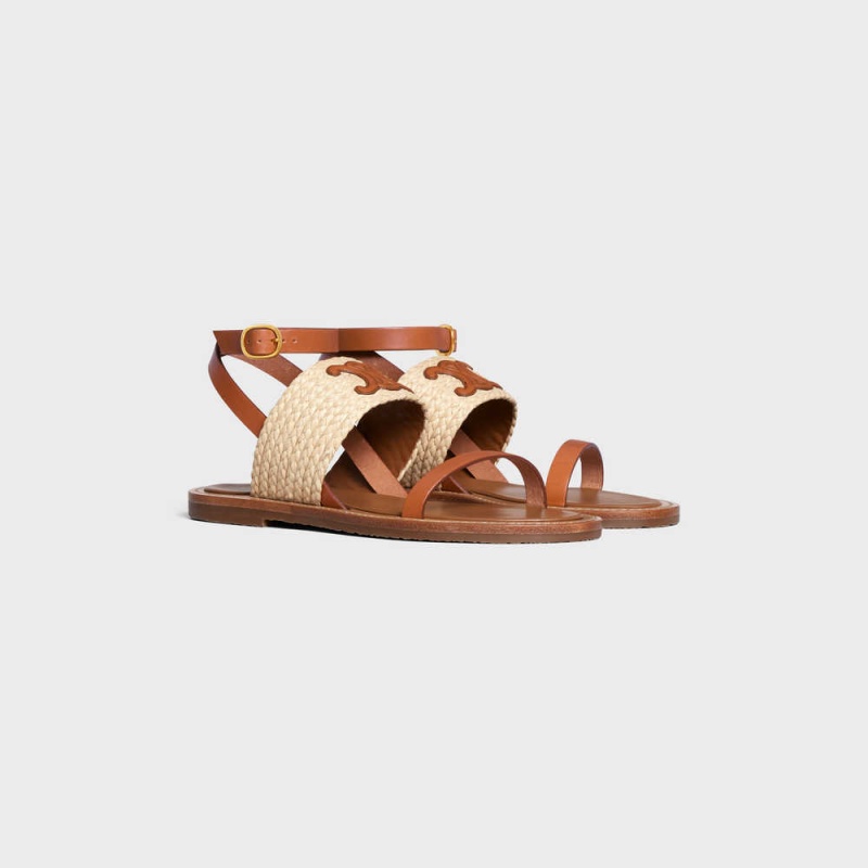 Celine Lympia Düz Askılı In Raffia & Calfskin - Vegetal Tanning Sandalet Bej Rengi Kahverengi | CL-592577