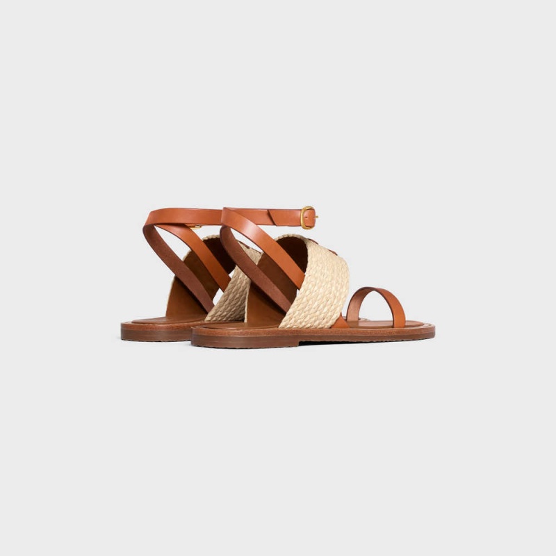 Celine Lympia Düz Askılı In Raffia & Calfskin - Vegetal Tanning Sandalet Bej Rengi Kahverengi | CL-592577