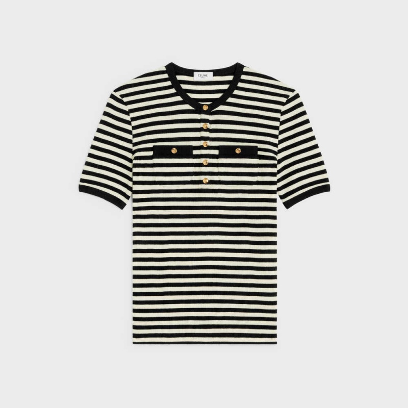 Celine MarinièRe In Nervürlü Pamuklu Jersey T-shirt Siyah Beyaz | CL-592782