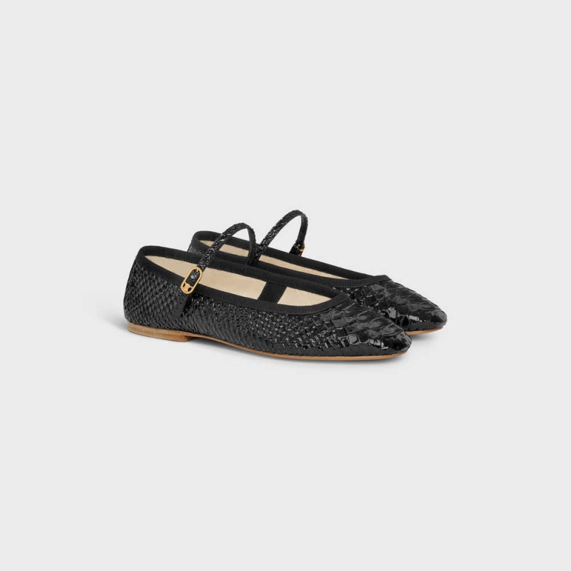 Celine Mary Jane Ballerina Les Ballerines In Python Stamped Calfskin Makosen Siyah | CL-592535