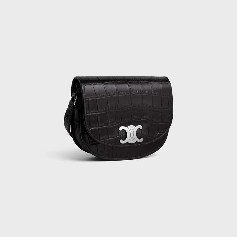 Celine Medium Besace Triomphe In Crocodile Embossed Calfskin Omuz Çantası Siyah | CL-591847