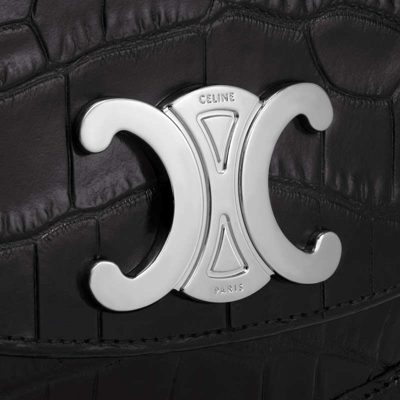 Celine Medium Besace Triomphe In Crocodile Embossed Calfskin Omuz Çantası Siyah | CL-591847
