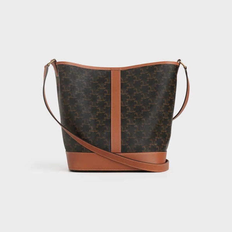 Celine Medium Bucket In And Calfskin Triomphe Canvas Kahverengi | CL-593122