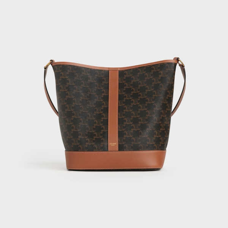 Celine Medium Bucket In And Calfskin Triomphe Canvas Kahverengi | CL-593122
