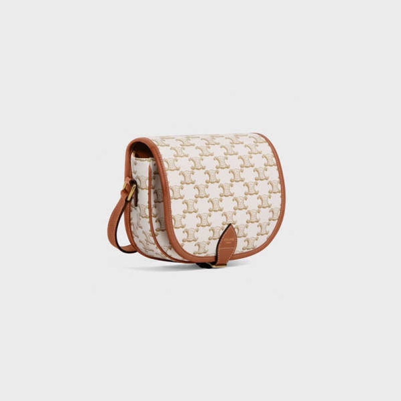 Celine Medium Folco Bag In And Calfskin Triomphe Canvas Beyaz | CL-593127