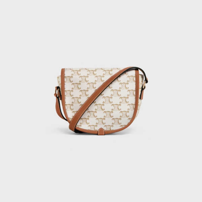 Celine Medium Folco Bag In And Calfskin Triomphe Canvas Beyaz | CL-593127