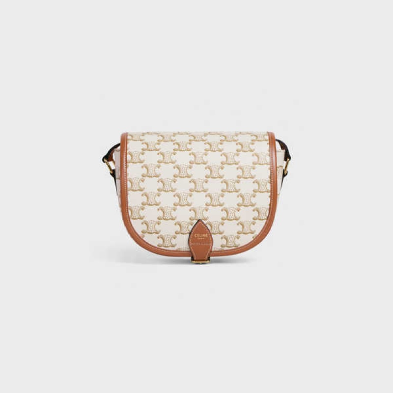Celine Medium Folco Bag In And Calfskin Triomphe Canvas Beyaz | CL-593127
