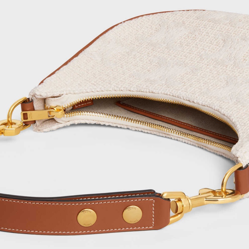 Celine Mediumstrap Bag In Tekstil With Triomphe Crochet Embroidery Ava Bej Rengi Kahverengi | CL-593101