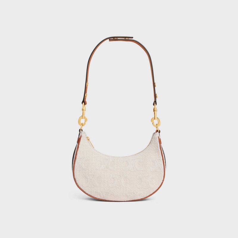 Celine Mediumstrap Bag In Tekstil With Triomphe Crochet Embroidery Ava Bej Rengi Kahverengi | CL-593101