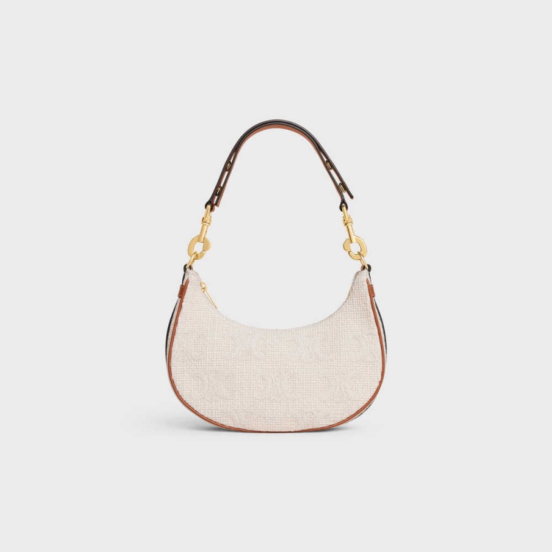 Celine Mediumstrap Bag In Tekstil With Triomphe Crochet Embroidery Ava Bej Rengi Kahverengi | CL-593101