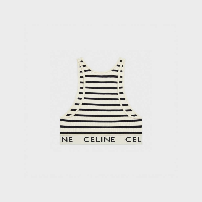 Celine Mesh Sports Bra Tişörtü Krema Lacivert | CL-592809