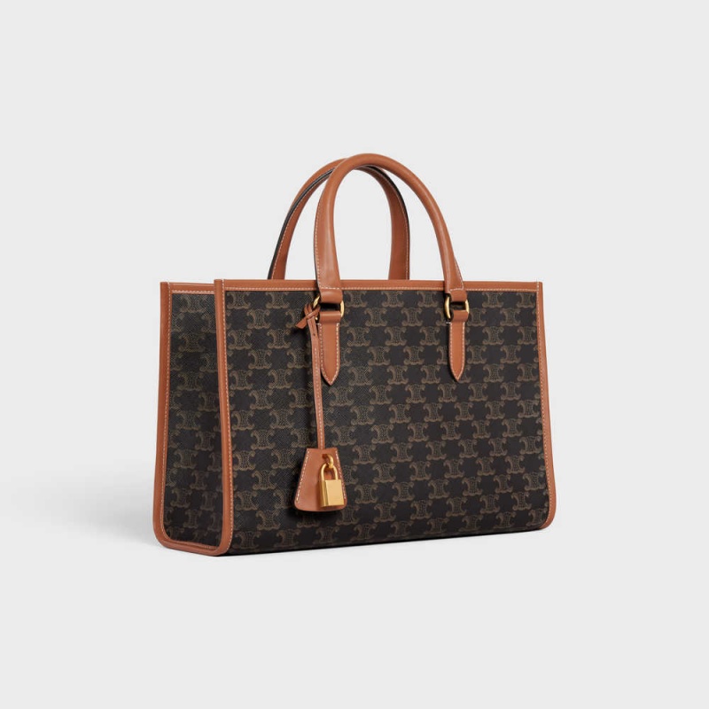 Celine Mini Horizontal Cabas In And Calfskin Triomphe Canvas Kahverengi | CL-593143