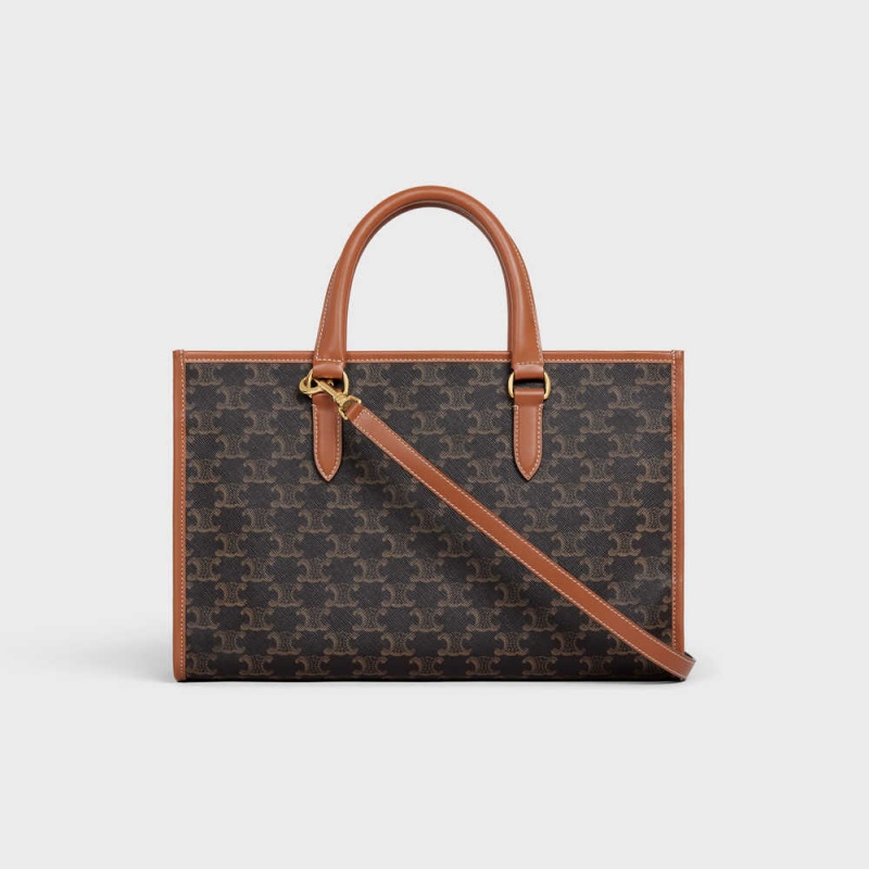 Celine Mini Horizontal Cabas In And Calfskin Triomphe Canvas Kahverengi | CL-593143
