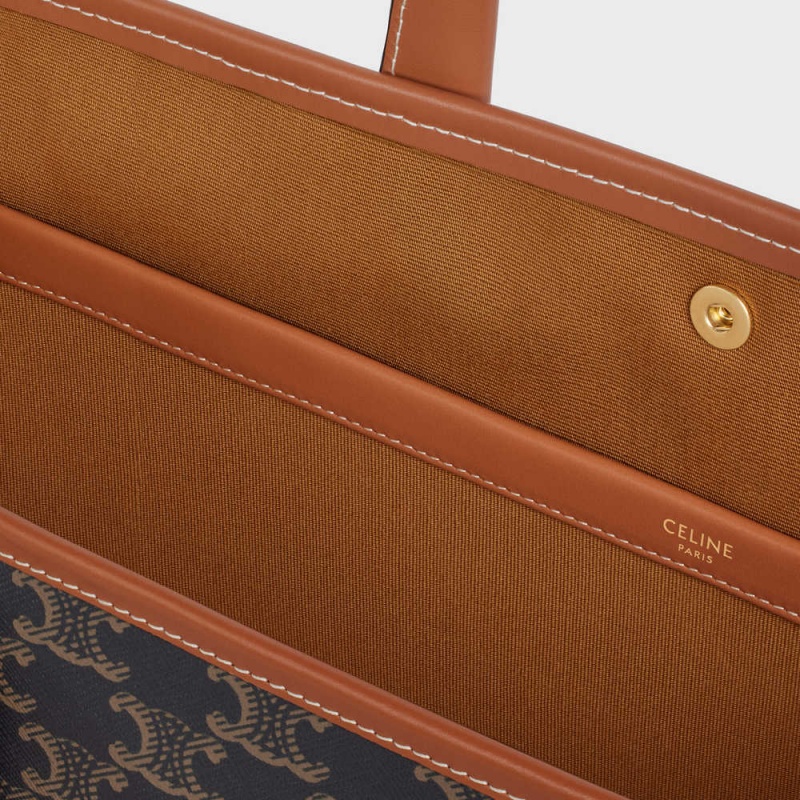 Celine Mini Horizontal Cabas In And Calfskin Triomphe Canvas Kahverengi | CL-593143