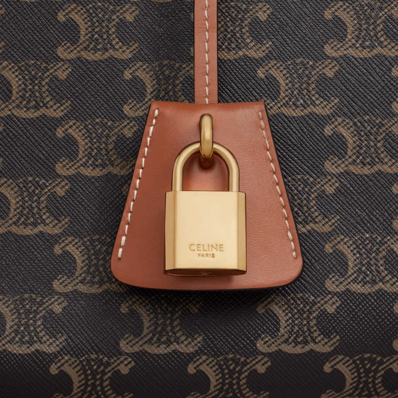 Celine Mini Horizontal Cabas In And Calfskin Triomphe Canvas Kahverengi | CL-593143
