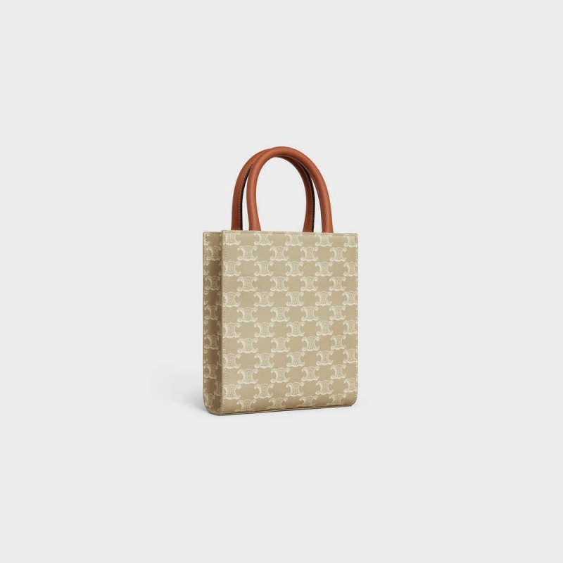 Celine Mini Vertical Cabas In And Calfskin Triomphe Canvas Bej Rengi | CL-593135