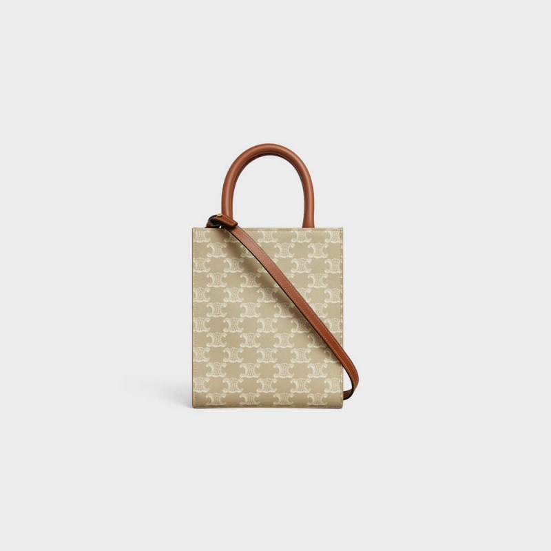 Celine Mini Vertical Cabas In And Calfskin Triomphe Canvas Bej Rengi | CL-593135