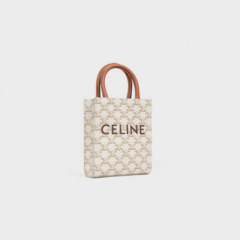 Celine Mini Vertical In Triomphe Kanvas And Calfskin With Print Cabas Beyaz | CL-593086