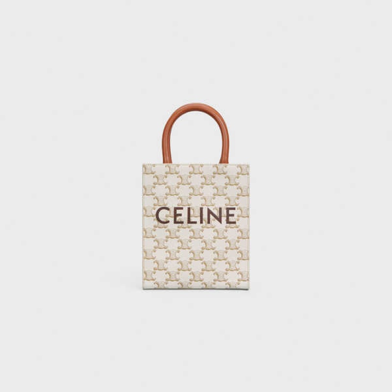 Celine Mini Vertical In Triomphe Kanvas And Calfskin With Print Cabas Beyaz | CL-593086