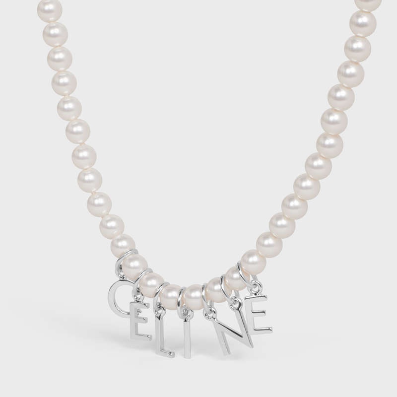 Celine Monochroms In Glass Pearls And Brass With Rhodium Finish Kolye Beyaz Gümüş | CL-591662