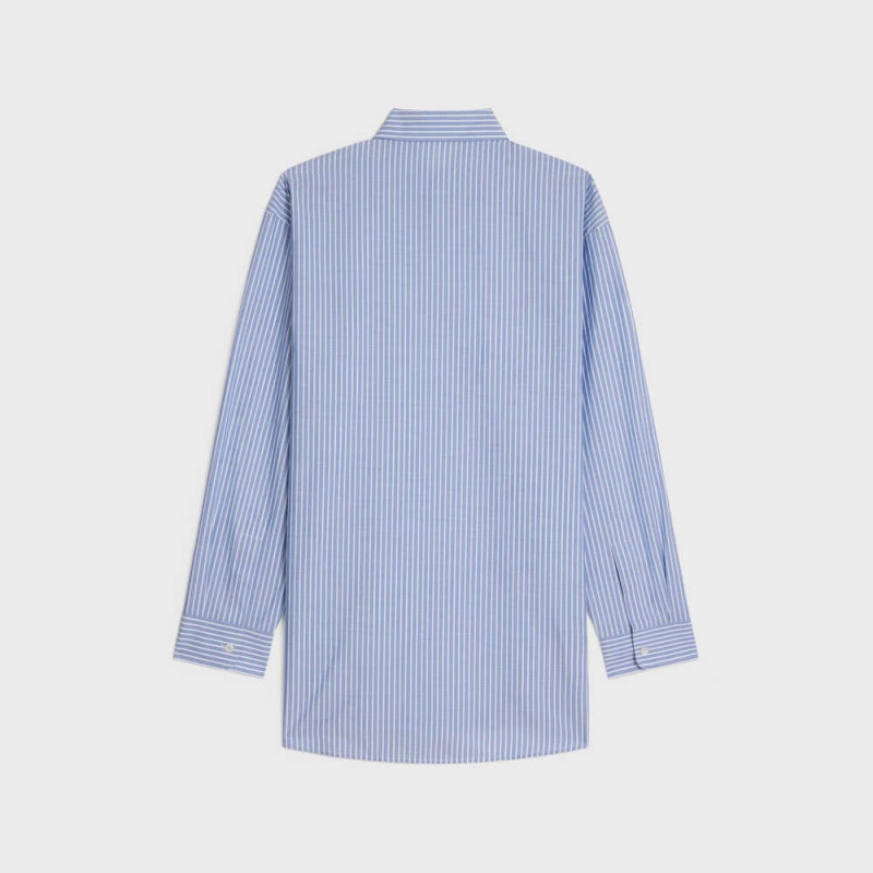 Celine Oversized In Çizgili Pamuklu Gömlek Mavi | CL-592828