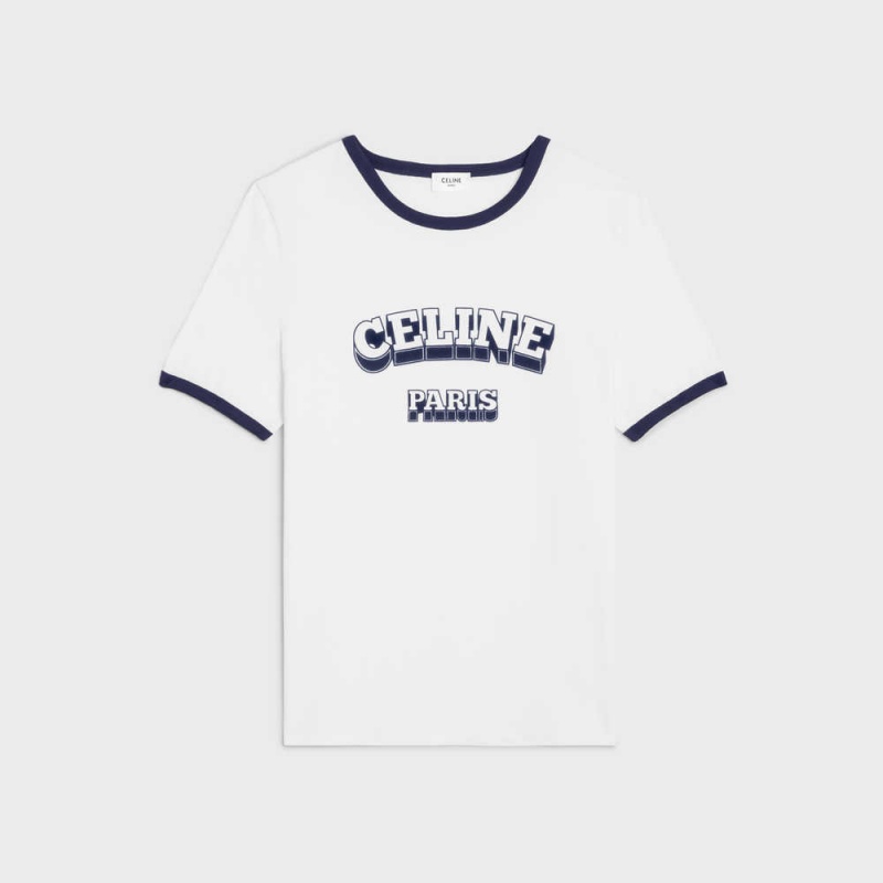 Celine Paris 70 S In Pamuklu Jersey T-shirt Beyaz Lacivert | CL-592779