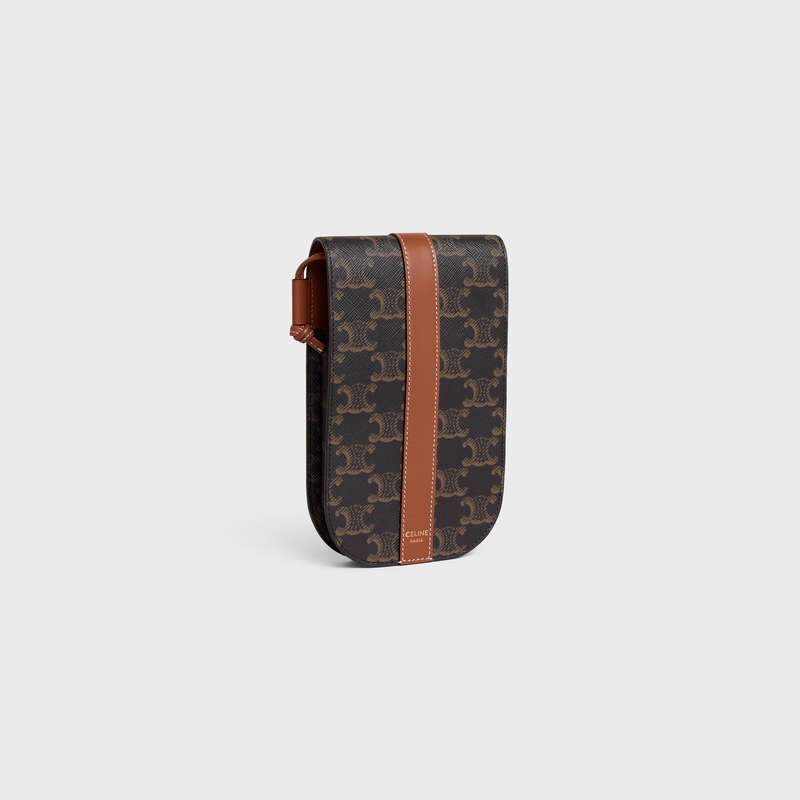Celine Phone Pouch In Triomphe Kanvas And Calfskin Kese Çanta Kahverengi | CL-591780